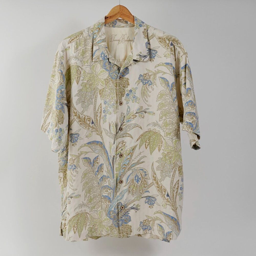 Tommy Bahama Silk Camp Shirt, Ivory with Blue/Green/Tan Leaf Print, Size XL
